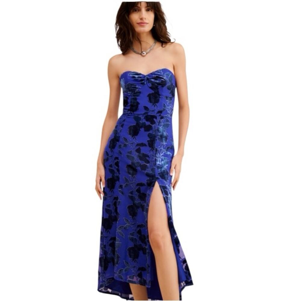 Anthropologie x‎ Hutch Strapless Velvet Embroidered Midi Dress Blue Size 0